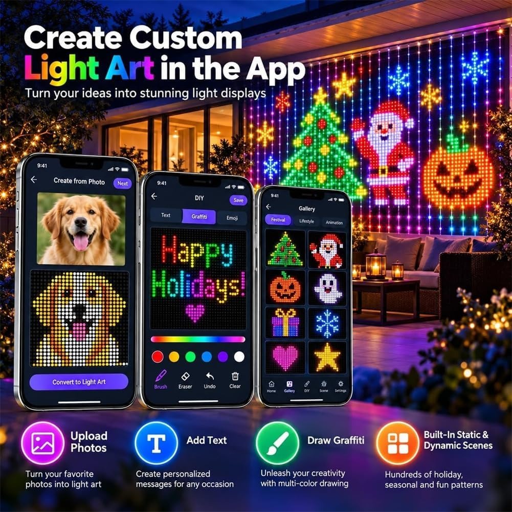 Christmas RGB LED Wall Curtain Lights - Programmable House Net Display with 400 Individually Addressable LEDs, Remote & APP Control, 6 Dynamic Modes, Outdoor Wall Light for Holiday Home Facade