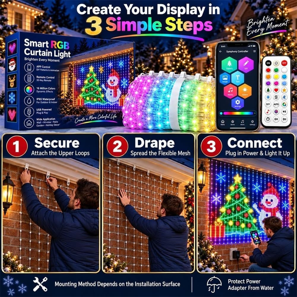 Christmas RGB LED Wall Curtain Lights - Programmable House Net Display with 400 Individually Addressable LEDs, Remote & APP Control, 6 Dynamic Modes, Outdoor Wall Light for Holiday Home Facade