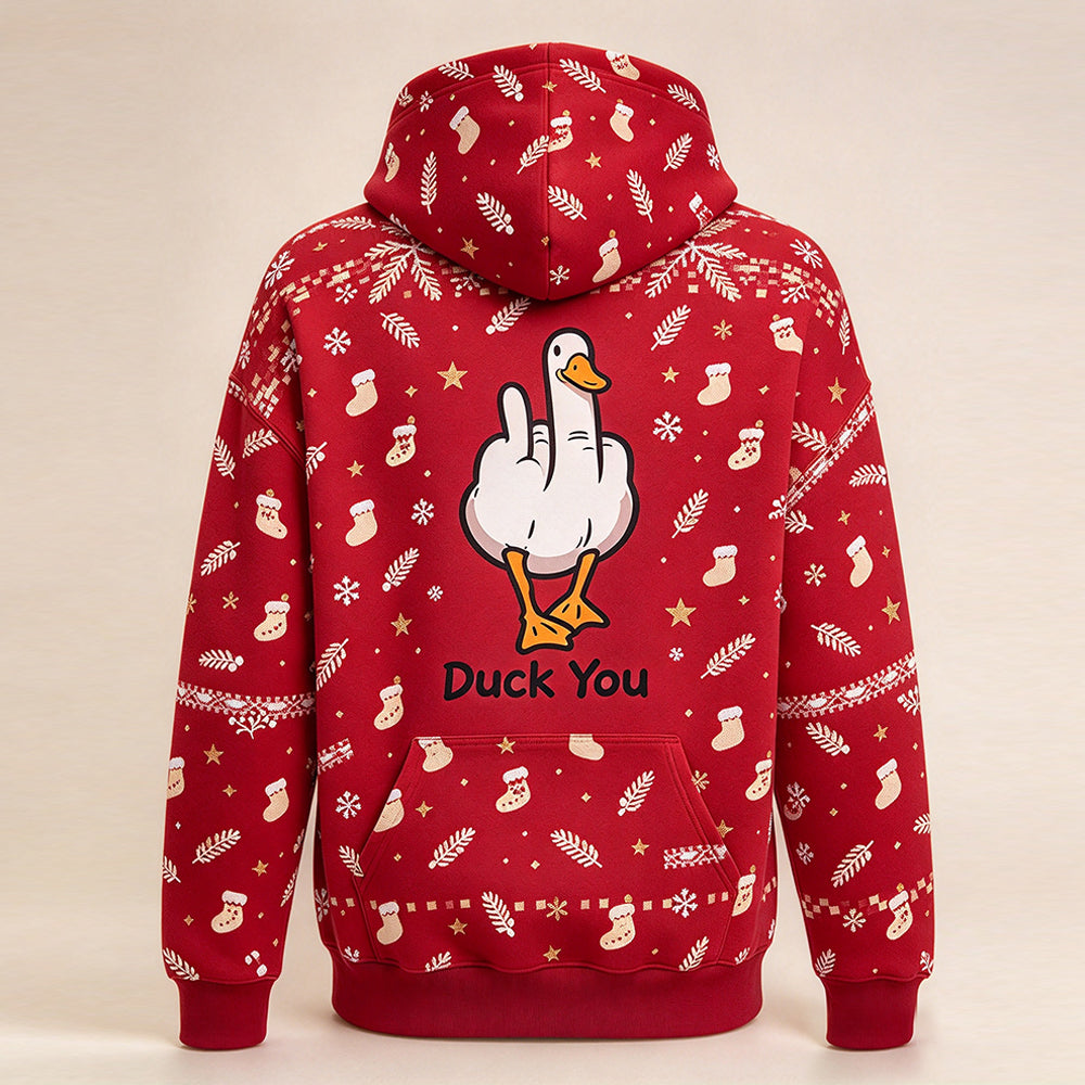 Duck You Christmas hoodie in candy red - funny goose graphic on the back
