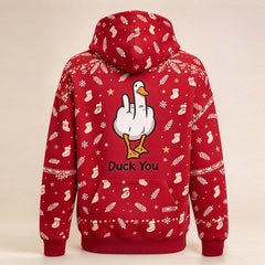 Duck You Christmas hoodie in candy red - funny goose graphic on the back