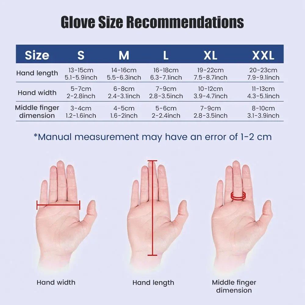 Hand training glove size chart - S to XXL measurements