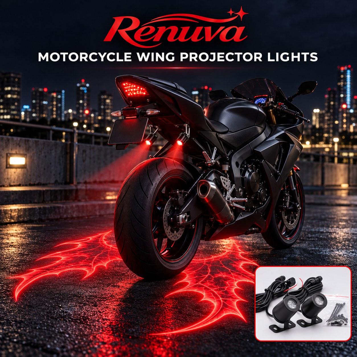 Angel Wing Projector Kit - motorcycle wing ground projection installed, product photo 1
