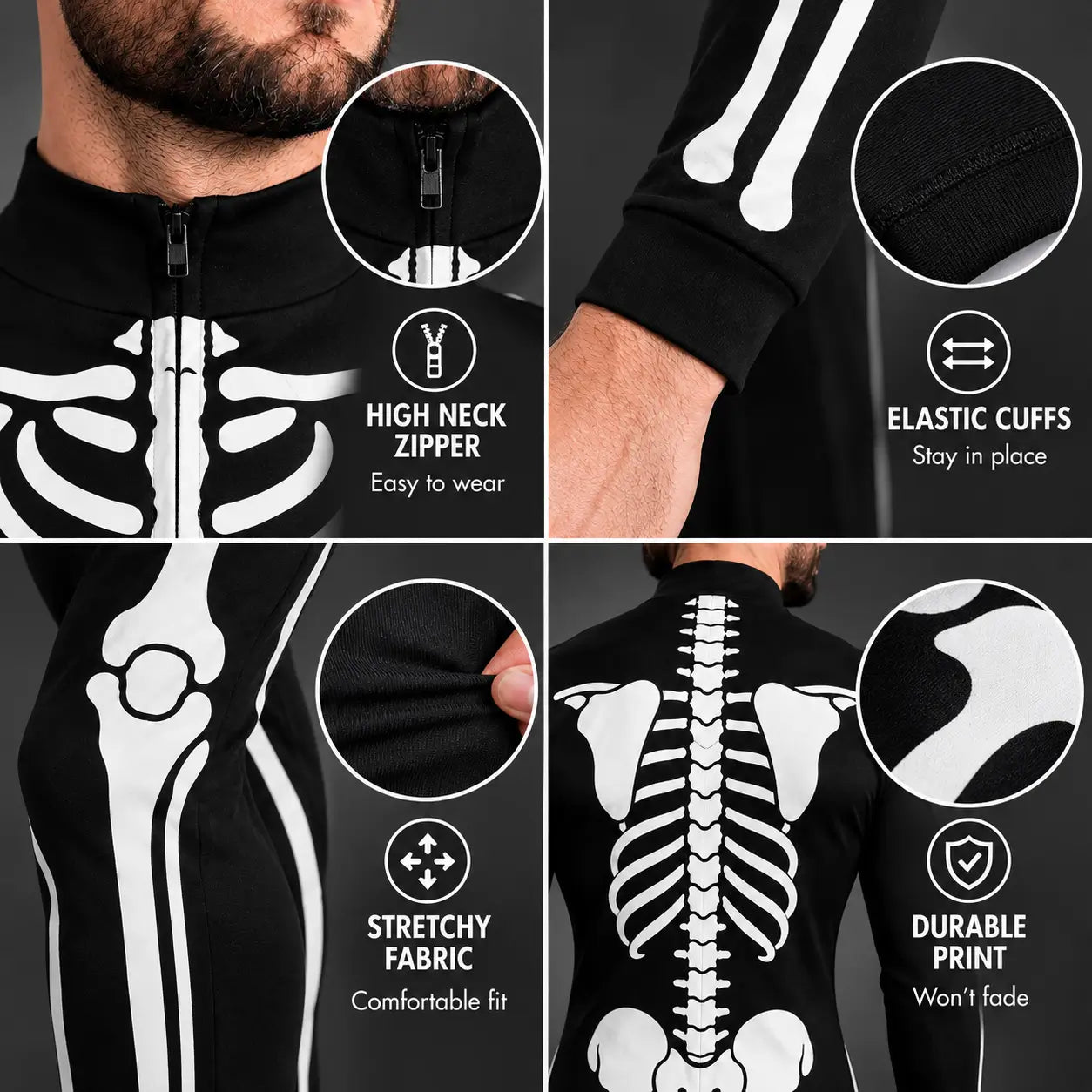 Skeleton Bodysuit - One Piece Halloween Costume With Full Bone Print - Choose your pattern