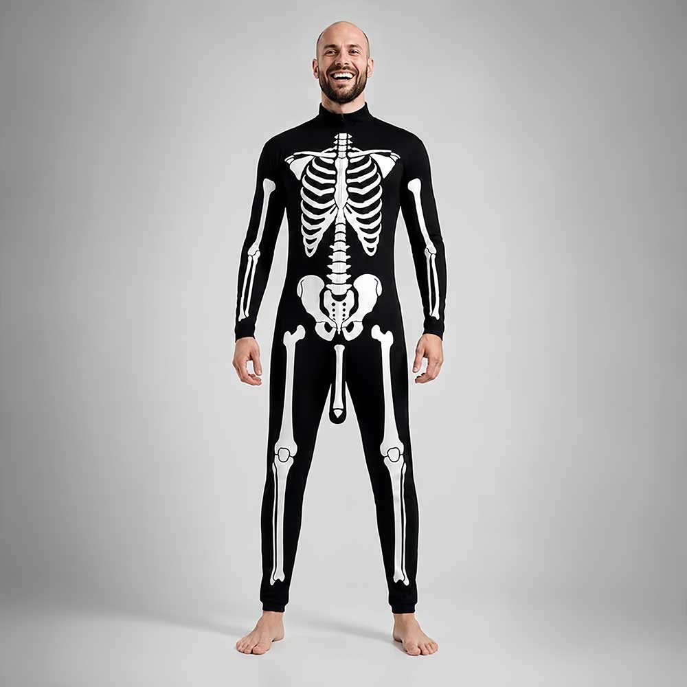 Classic black skeleton bodysuit one-piece with full white bone print, front view