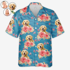Teal Tropical Hibiscus & Mini US Flag Beach Shirt