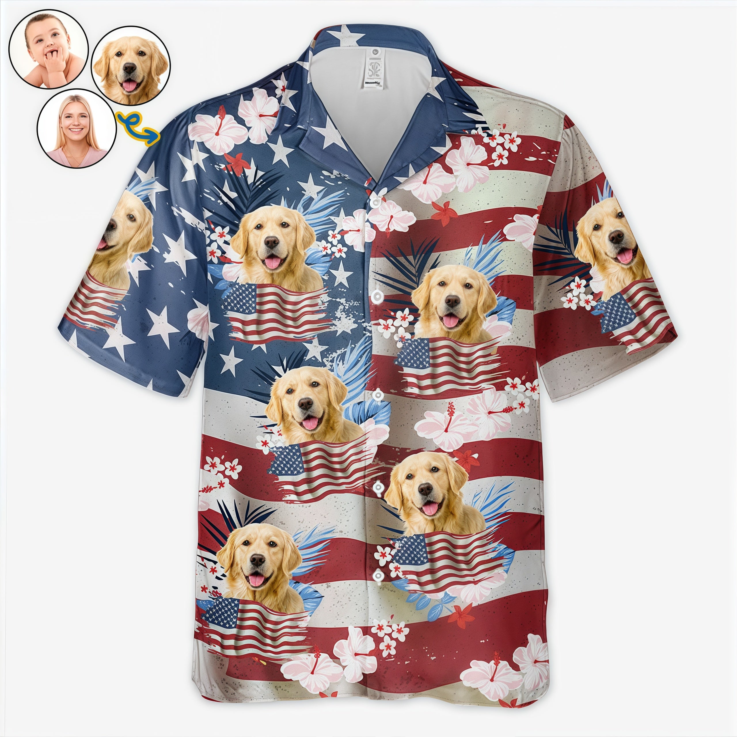 USA Star Stripe Hibiscus Tropical Aloha Shirt