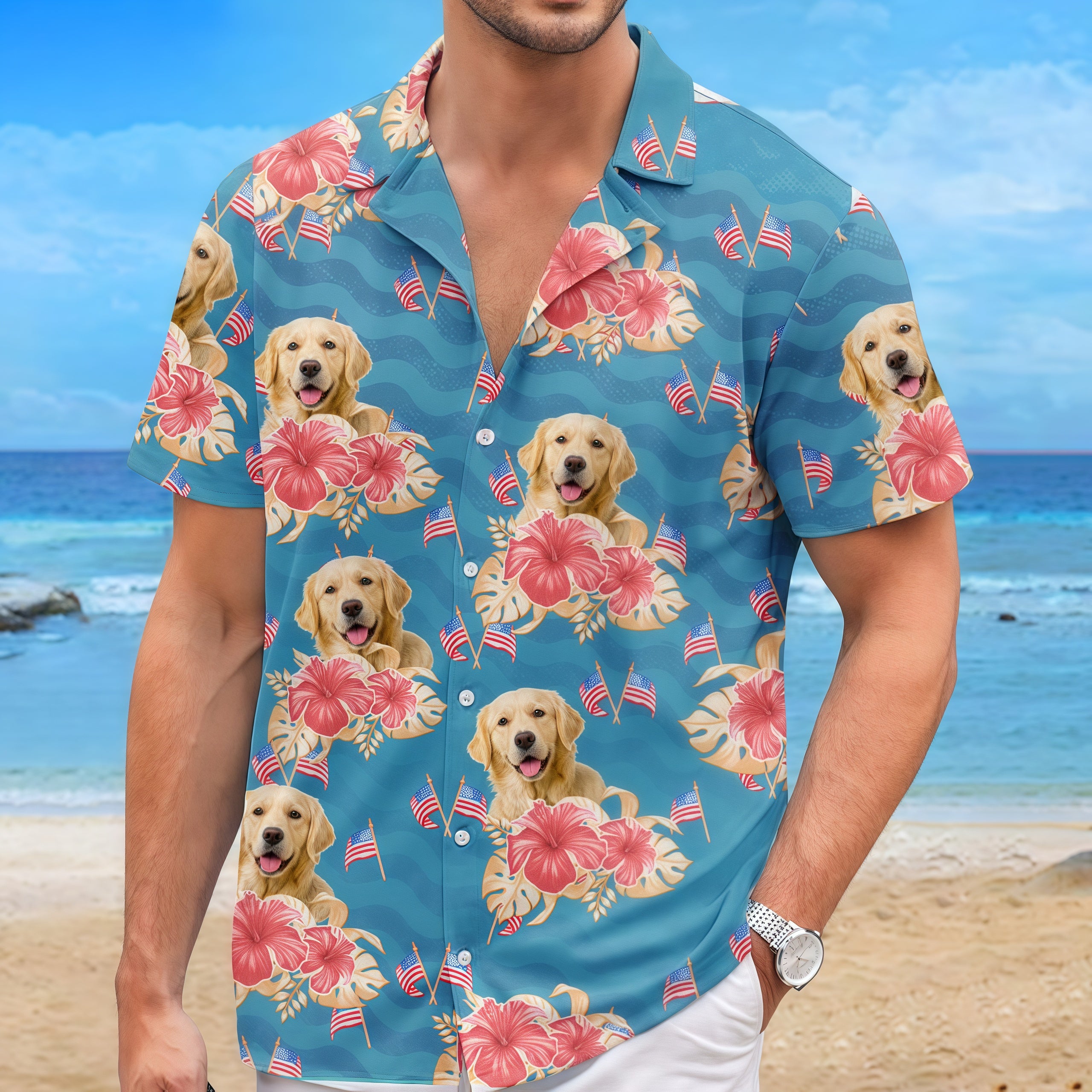 Teal Tropical Hibiscus & Mini US Flag Beach Shirt