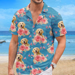 Teal Tropical Hibiscus & Mini US Flag Beach Shirt