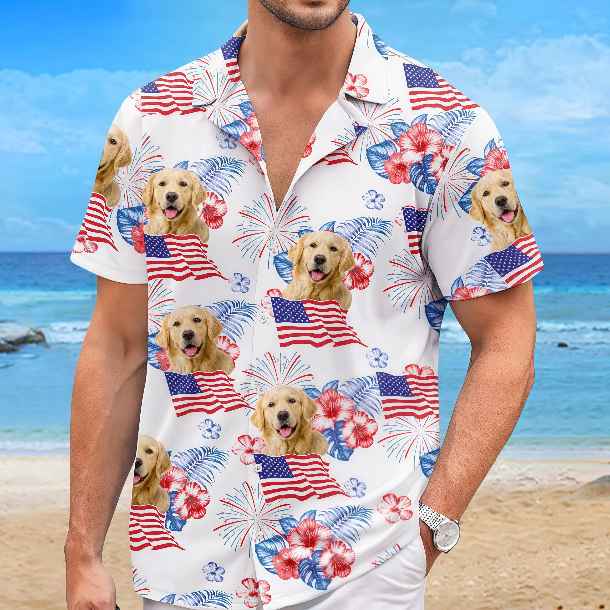 Patriotic Firework Hibiscus American Flag Summer Shirt
