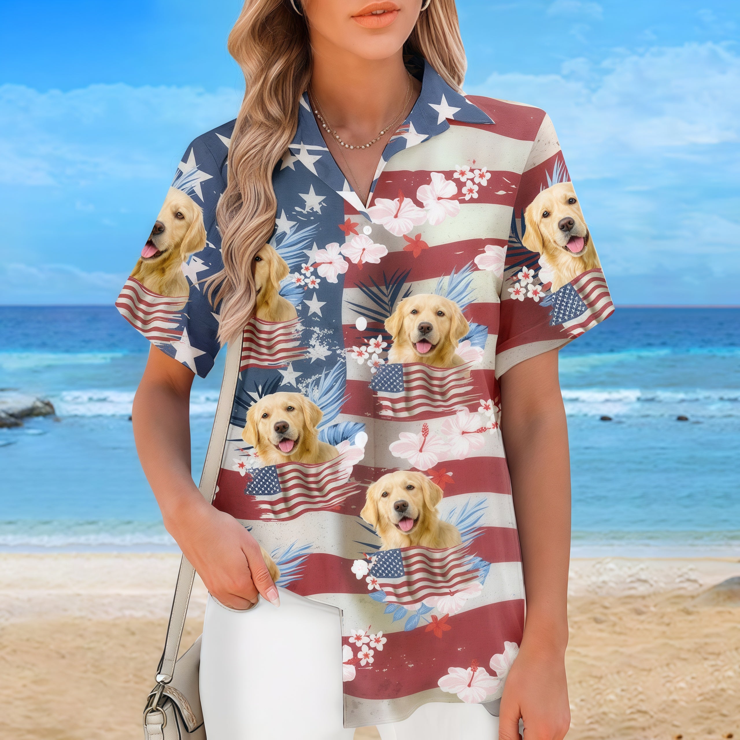 USA Star Stripe Hibiscus Tropical Aloha Shirt
