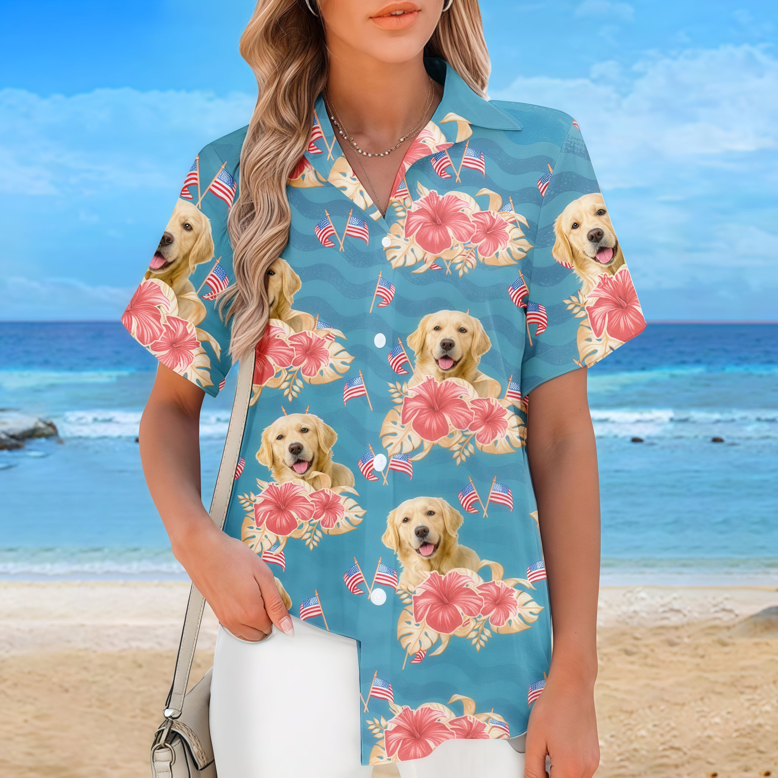 Teal Tropical Hibiscus & Mini US Flag Beach Shirt