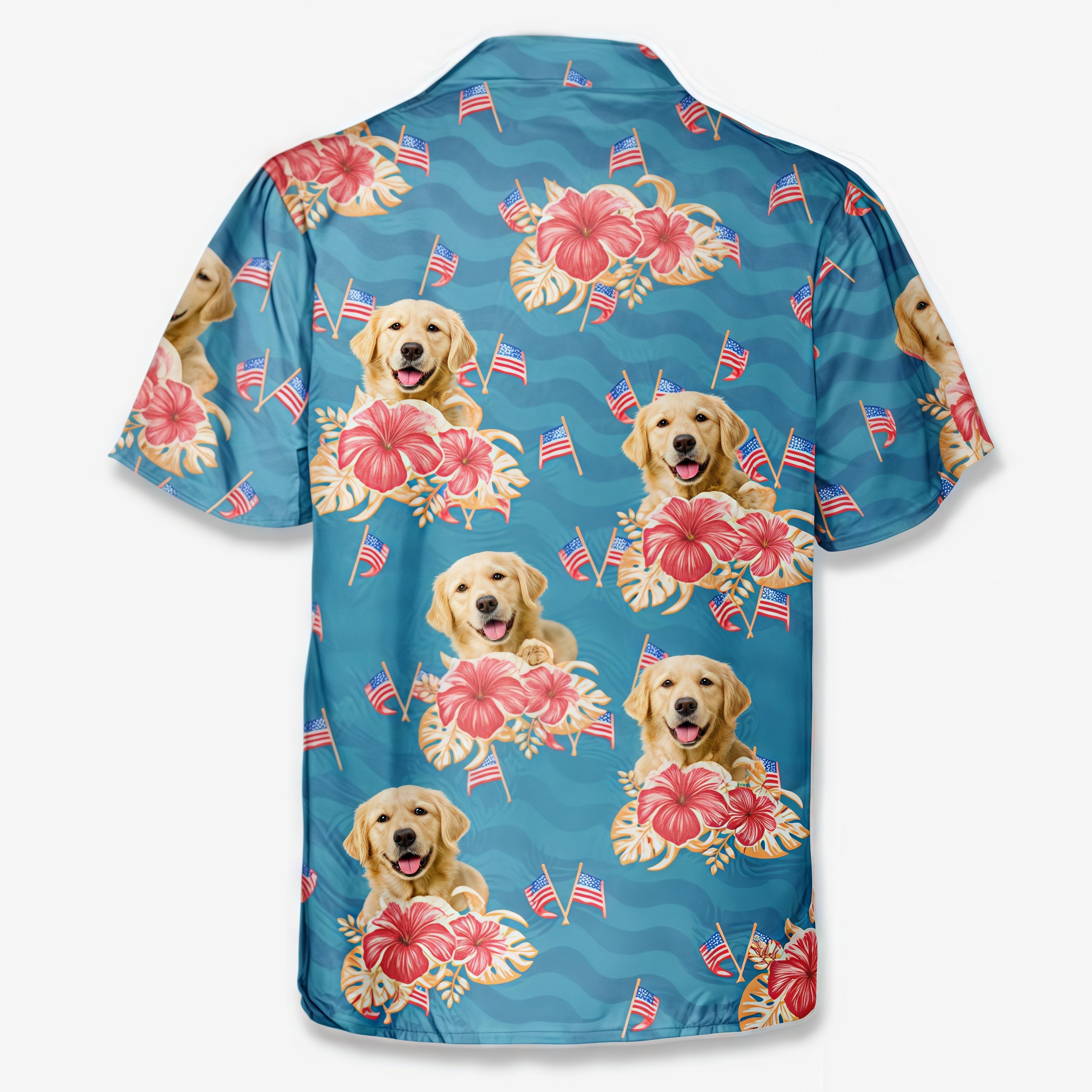Teal Tropical Hibiscus & Mini US Flag Beach Shirt