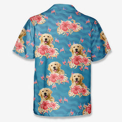 Teal Tropical Hibiscus & Mini US Flag Beach Shirt