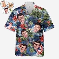 American Flag Palm Tree Coastal Landscape Hawaiian Shirt