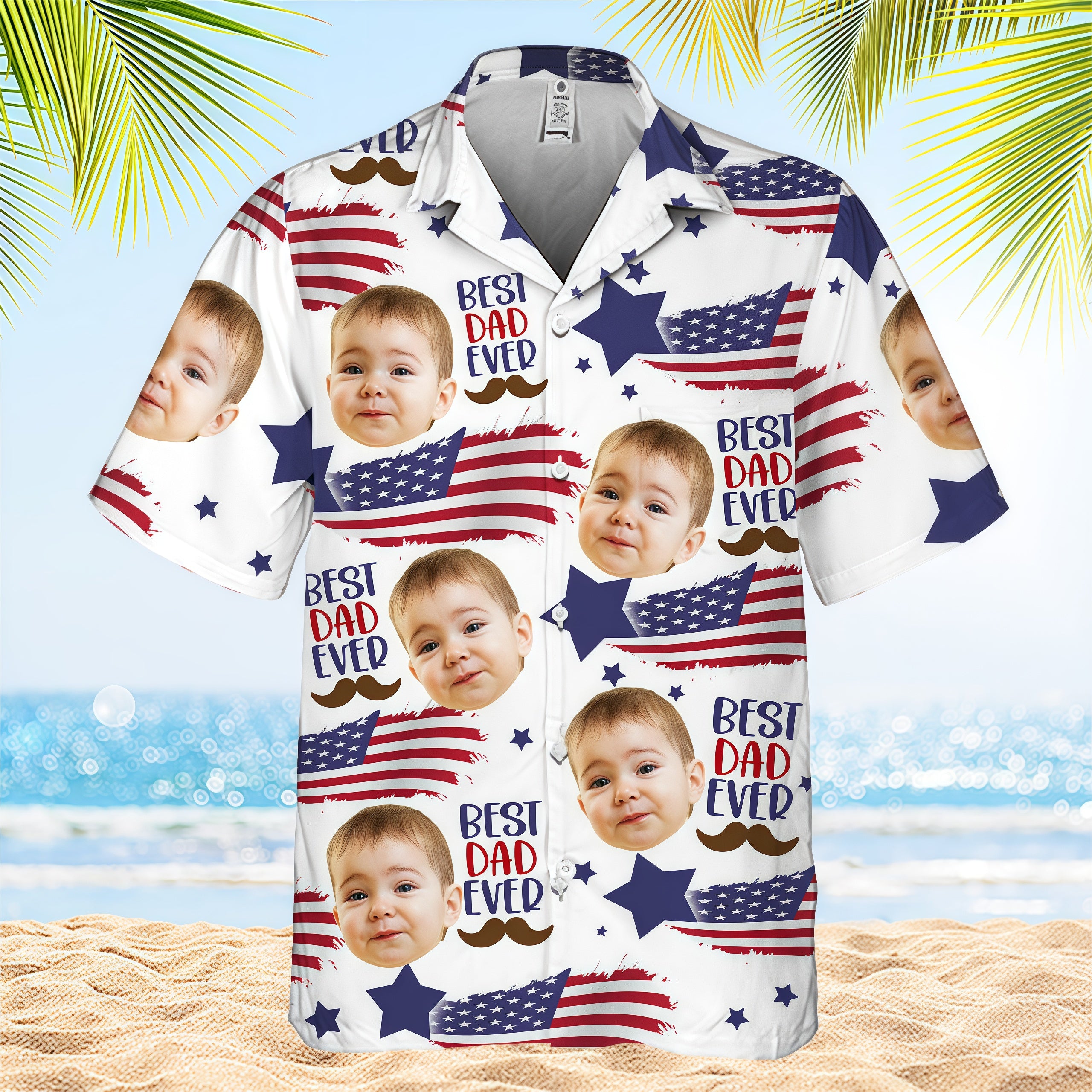 Best Dad Ever American Flag Star Mustache Hawaiian Shirt