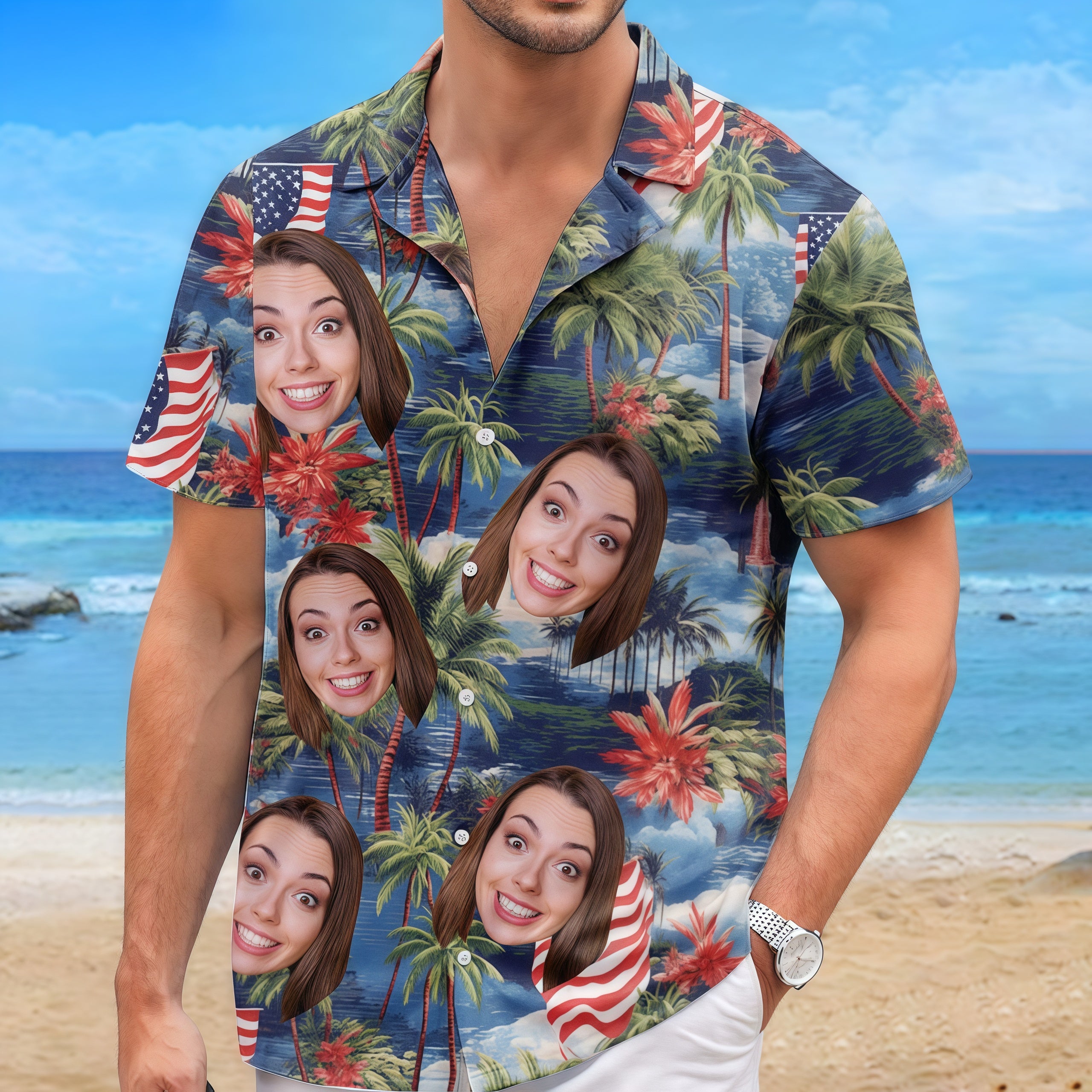 American Flag Palm Tree Coastal Landscape Hawaiian Shirt