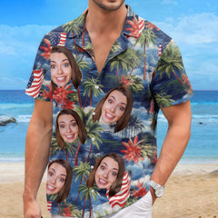 American Flag Palm Tree Coastal Landscape Hawaiian Shirt