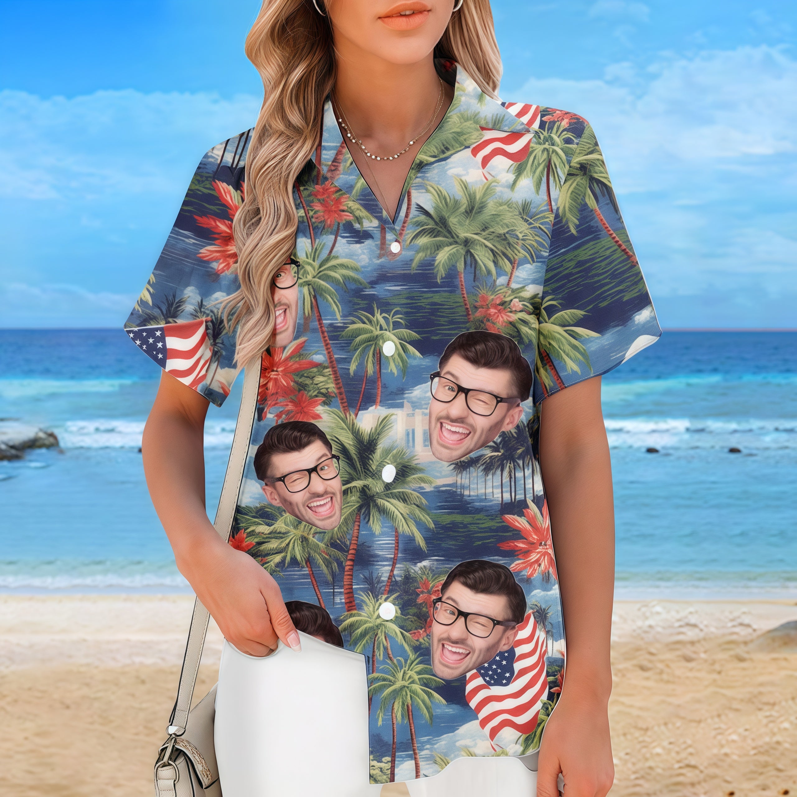 American Flag Palm Tree Coastal Landscape Hawaiian Shirt