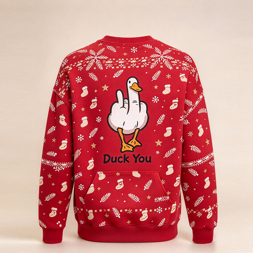 Duck You Christmas crewneck sweatshirt in candy red - funny goose graphic centered on the back