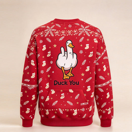 Duck You Christmas crewneck sweatshirt in candy red - funny goose graphic centered on the back
