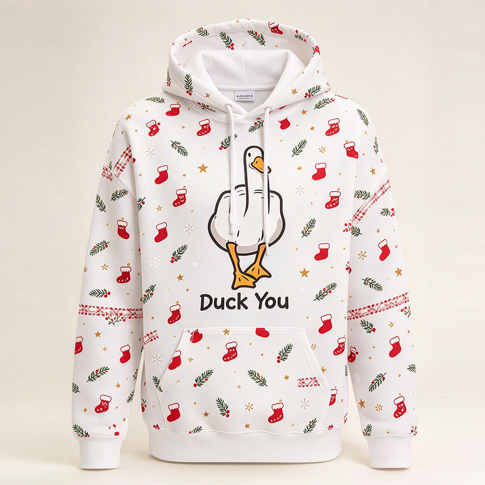 Duck You Christmas hoodie in snow white - all-over fair isle print with kangaroo pocket, front view